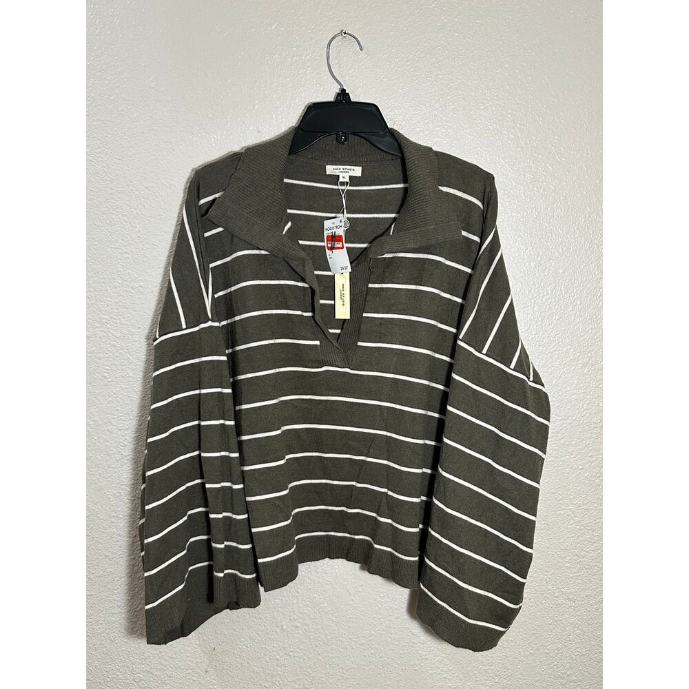 Max Studio London Olive Green & White Striped Knit Polo Sweater, NWT